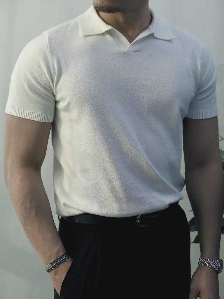 Men's Trendy Korean-Style Solid Color Knitted Polo Shirt