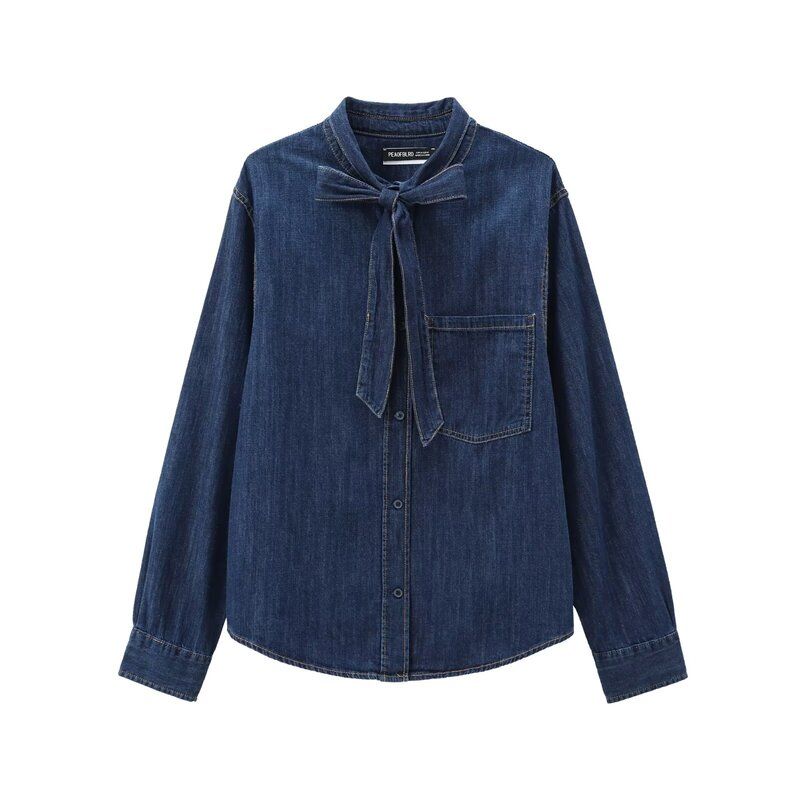 Fashion Style 2024 Autumn New Arrival Women's Stylish Easiest for Match Slim Looking Bowknot Decoration Denim Shirt 5520267