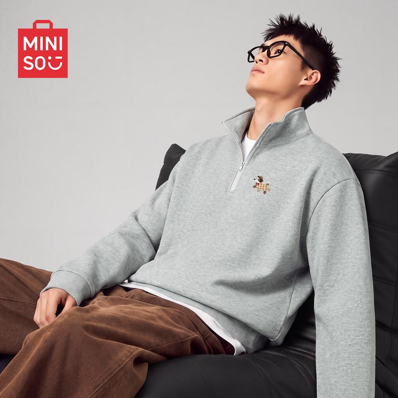 MINISO Men's Half-Zip Pullover Sweatshirt with Puppy Patch