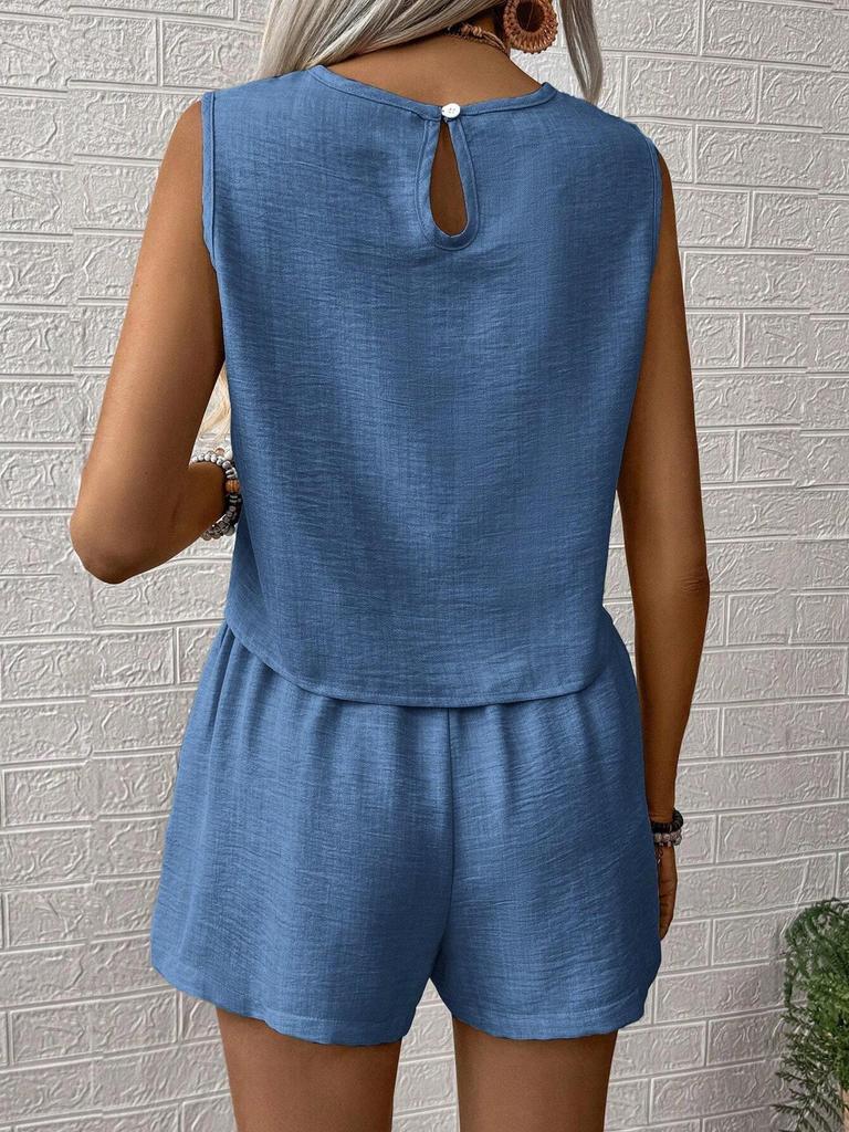 2025 Women's Solid Color Sleeveless Top and Shorts Set - Simple, Fashionable, Casual
