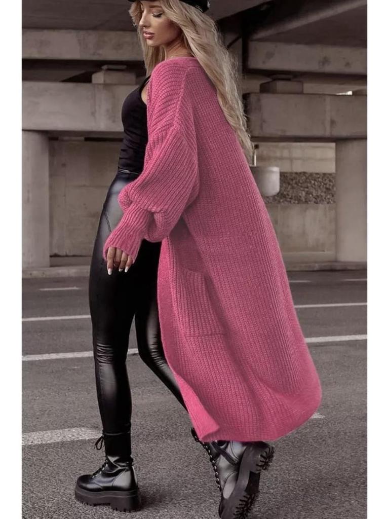 Women's Oversized Knit Cardigan with Lantern Sleeves and Pockets - Autumn/Winter Collection