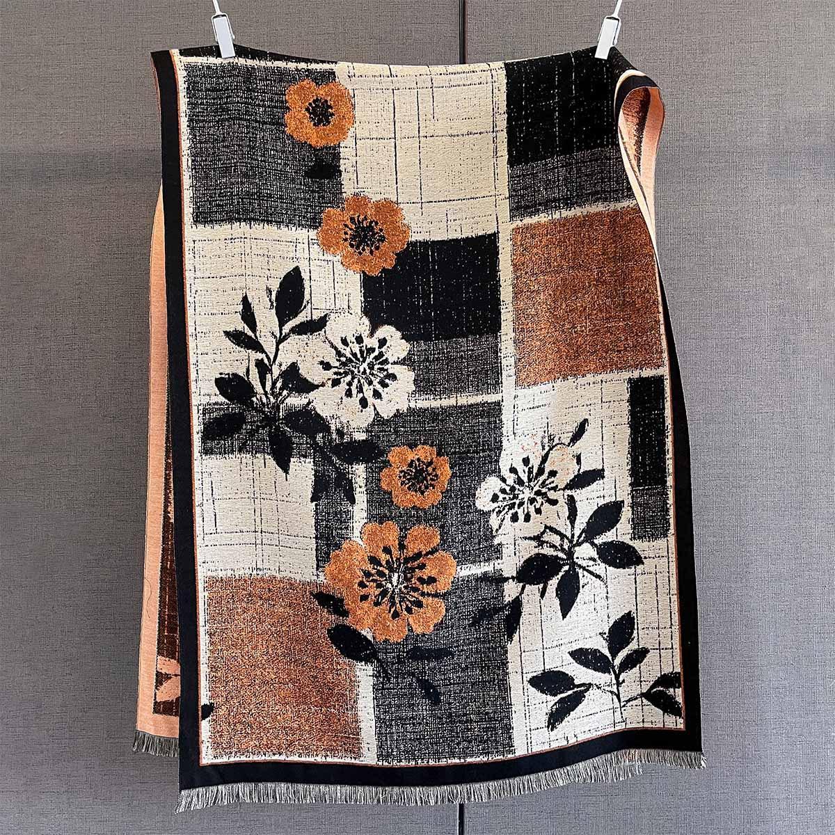 

Autumn new imitation cashmere fringed scarf women s plaid flower age-reducing printed scarf fashionable versatile warm shawl 185*68cm