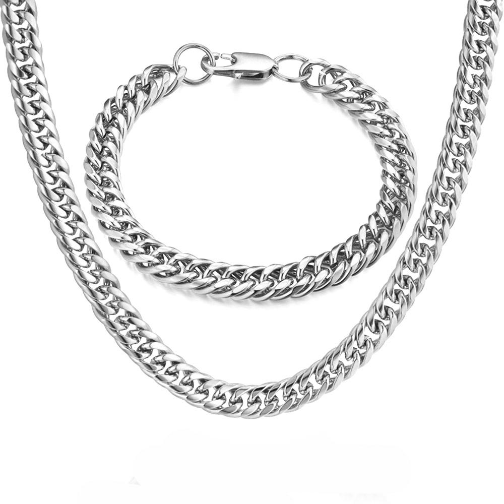 

9mm Long Curb Cuban Link Chain Bracelets Necklace Thick Male Gold Color Stainless Steel Chain Set for Men Fashion Jewelry Sets 50cm and 21cm