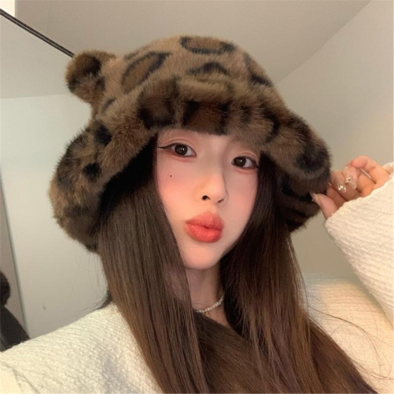 Furry Cartoon Fisherman Hat with Ear for Outdoor Sports Furry Leopard Pattern with Ear Oversized Headgear Hat for Winter