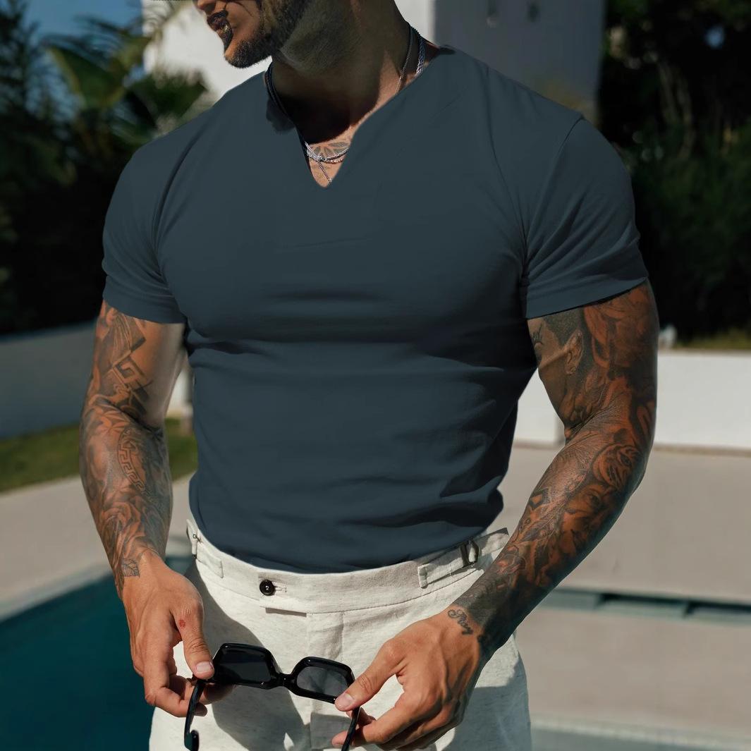 

Мужская летняя спортивная, фитнес и повседневная футболка с V-образным вырезом, эластичная, однотонная, с коротким рукавом большого размера для мужчин 3XL темно-зеленого