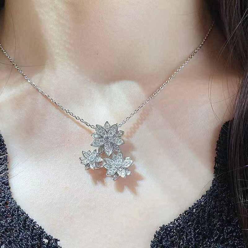 Xiaohongshu High Carbon Diamond Necklace & Earrings Set: Elegant Flower Design, Versatile & Trendy Collarbone Chain for Girls