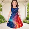 Girls Round Neck Sleeveless Galaxy Printed A Line Flared Dress Red White Blue