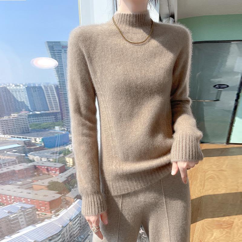 Women's Thick Wool Knitted Sweater, Loose Fit, Half-High Neck, Long-Sleeved, Slimming Base Top