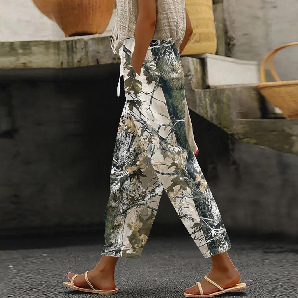 Women's fashion printed drawstring pocket elastic waist casual pants