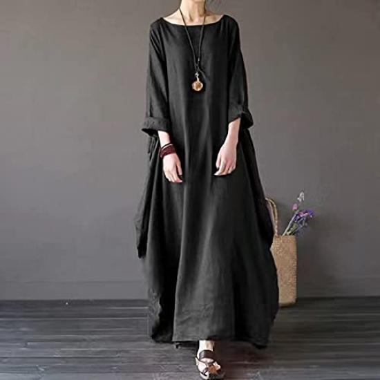 JINJUDUO Cotton Linen Plus Size Solid Color Extra Long Loose Dress (Black, XXL)