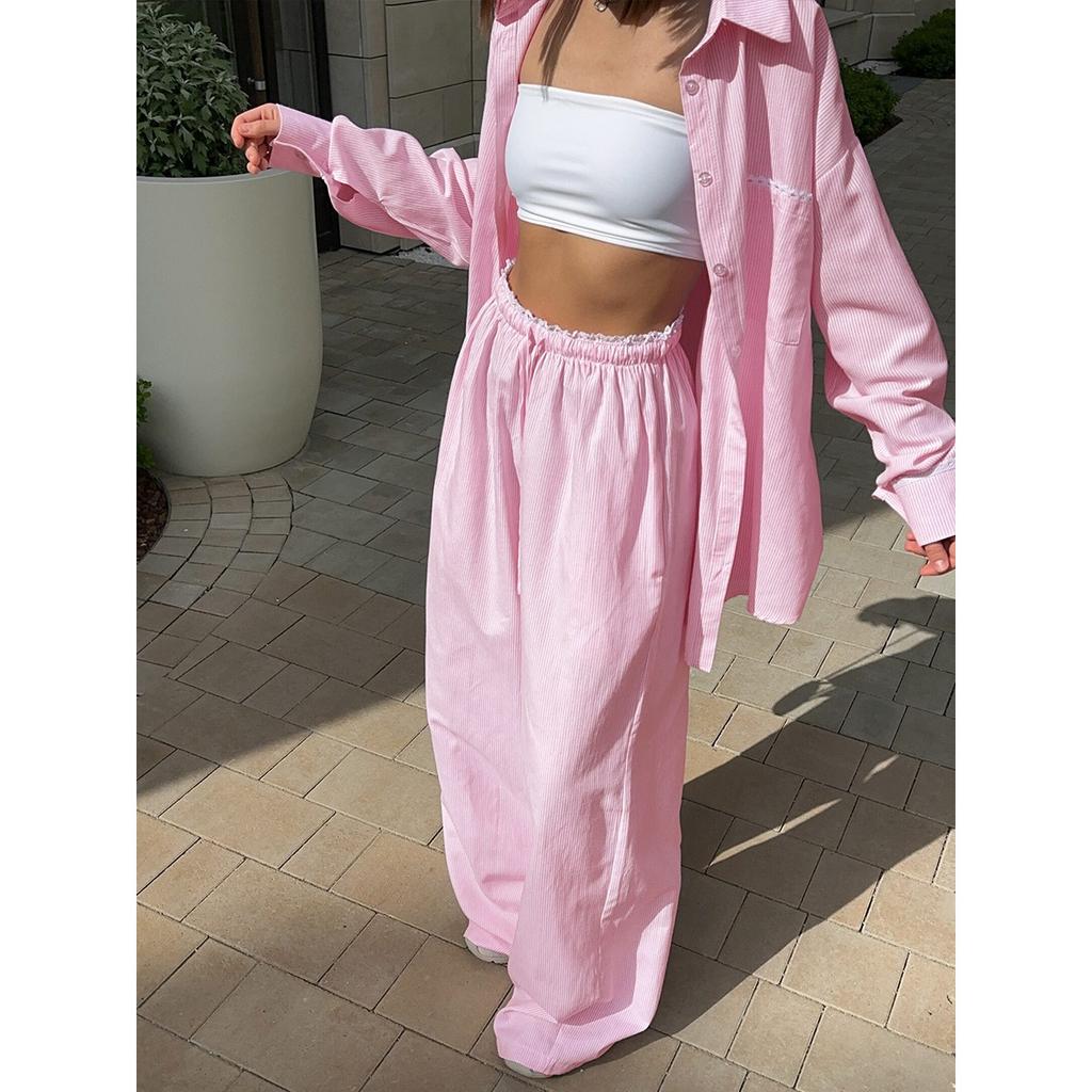 Spring New Women Vertical Stripe Shirt + Drawstring Pants Two Piece Set, Casual Striped Outfit Suits For Women