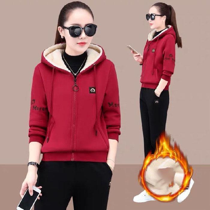 Winter Warm 2 Pieces Sets Hooded Plush Lined Tracksuit High Waist Harem Pants Suit Plush Lined Thick Jogger Woman Outfit