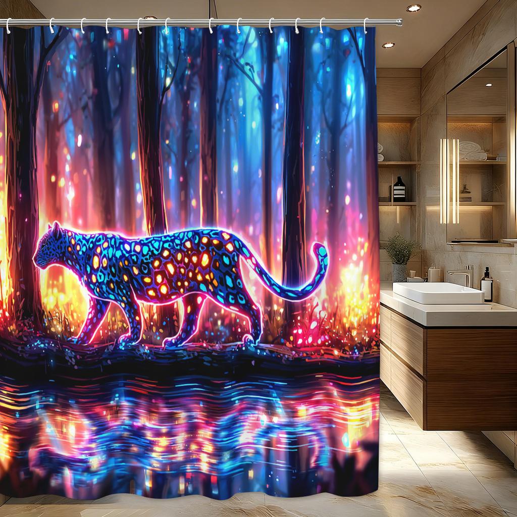 Vibrant Neon Leopard Pattern Polyester Shower Curtain - Striking Forest Scene Bath Decor, Stylish Bathroom Partition Curtain