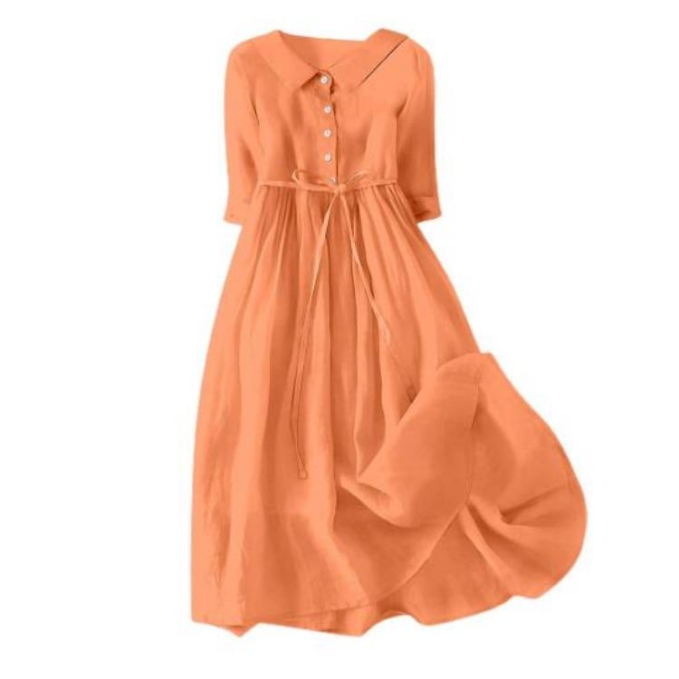 

Summer Vacation Boho Dress for Women A Line Pleated Midi with Turn Down Collar Half Sleeves Belted Waist and Big Hem 3XL помаранчевий