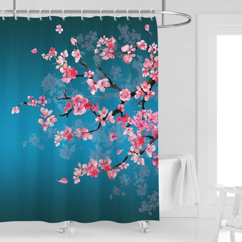 Shower Curtain Pink Cherry Floral Flowers Sakura Plum Blossom Japanese Asian Style Polyester Fabric 12 Pack Plastic Hooks