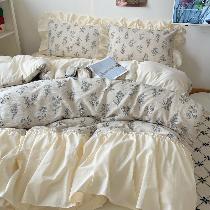 Pastoral Retro French Lace Skin-friendly Bubble Gauze Washed Cotton 4-Piece Bed Set - Su Jin Series
