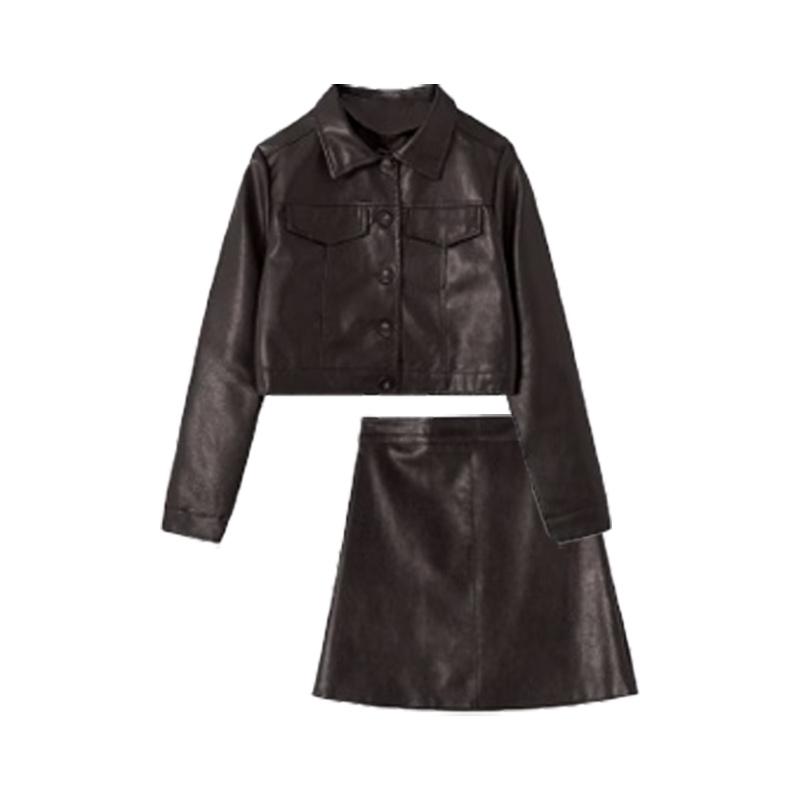 

Винтажный кожаный байкерский комплект куртка и юбка в стиле Maillard - Осенняя уличная мода Small