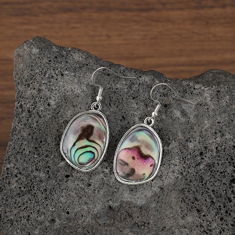 Vintage Silver Color Metal Geometry Inlaid with Imitation Abalone Shell Multicolour Stones Dangle Earrings for Women