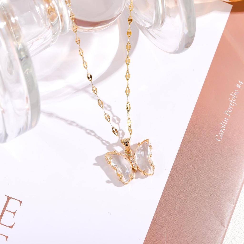 Iridescent Gradient Butterfly Necklace with Zirconia Rhinestones - Titanium Steel Clavicle Chain Pendant.