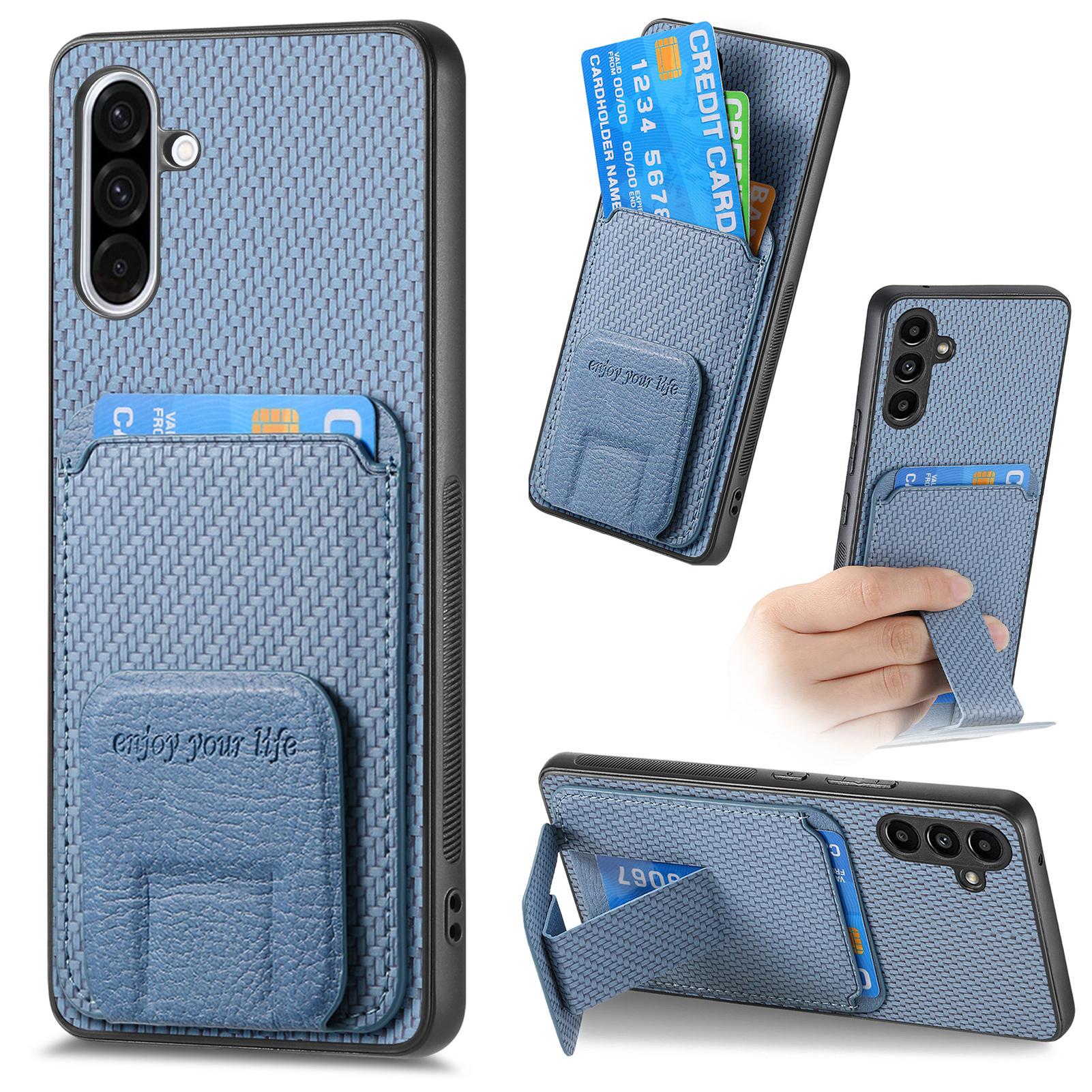 

For Samsung Galaxy A36 5G Case Card Holder Carbon Fiber Texture Leather Coated TPU Phone Cover Blue