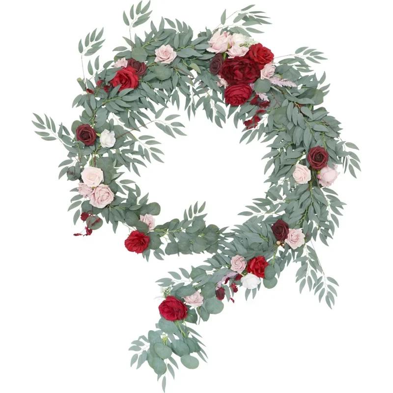 2.7M Artificial Wedding Eucalyptus Garland Runner with Rose Flowers Rustic Floral Table Centerpieces Boho Wed Decoration
