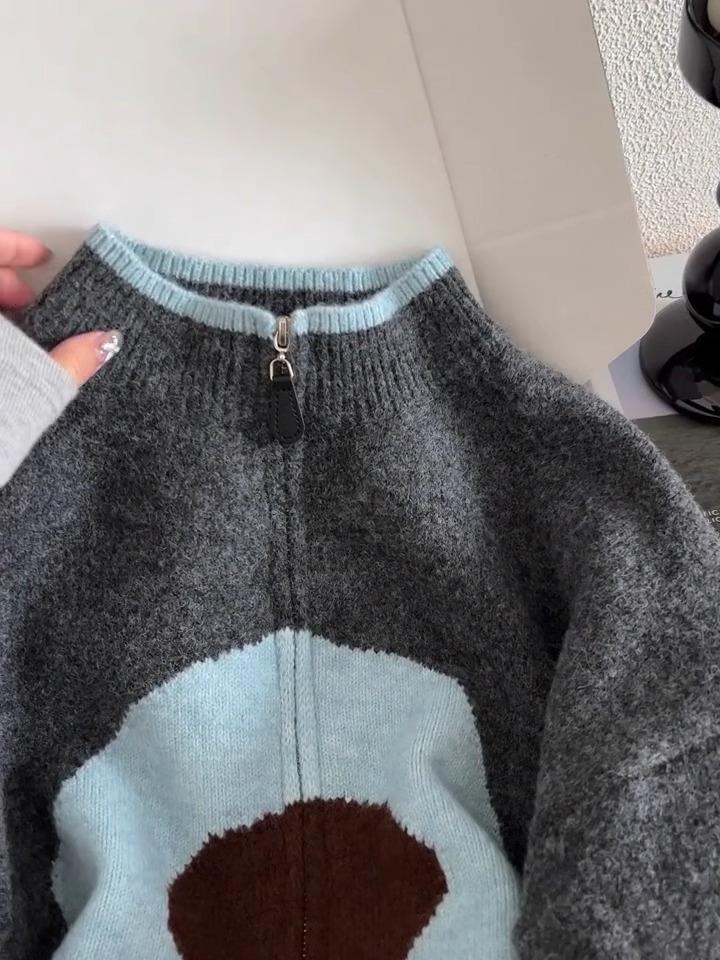 Korean Color Block Zipper Knit Cardigan - Autumn Winter Soft Fluffy Sweater, Casual & Versatile College Style