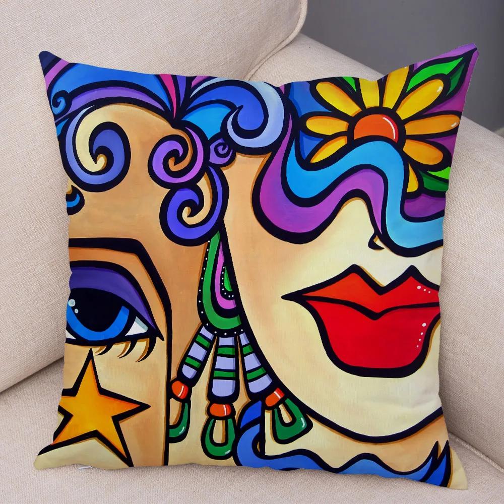 Abstract Painting Cushion Cover Decoration Nordic Style Colorful Cartoon Girl Pillowcase Sofa Home