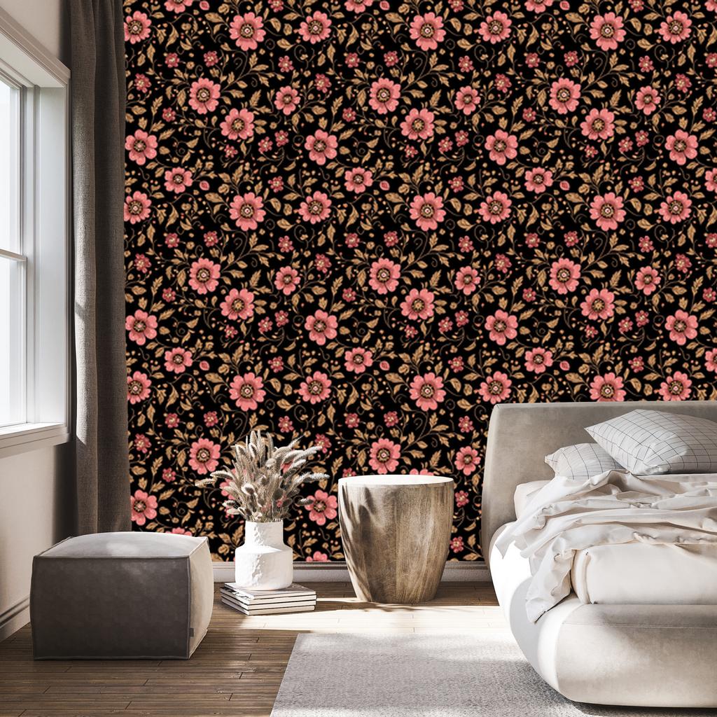 Wallpaper Beautiful Flowers Rust, Black, Red and Ochre 50x1000