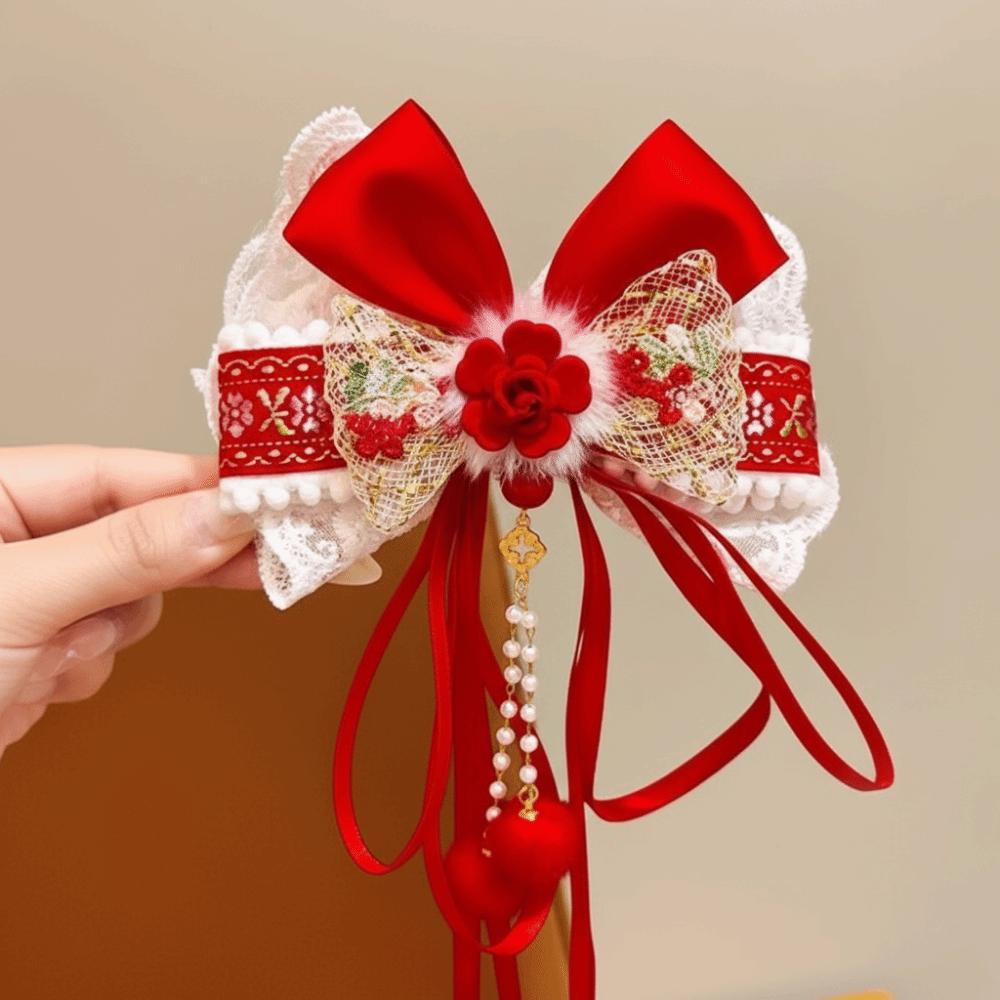 Red Bow Ribbon Hair Clip Tassel Hanfu Hair Ornamen Cute New Year Hairpin  Home