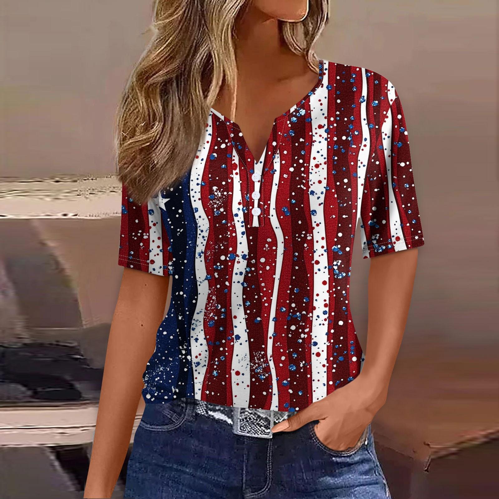 

Women s T Shirt Tee Independence Day Print Button Short Sleeve Daily Weekend Fashion Basic V-Neck Regular Top M