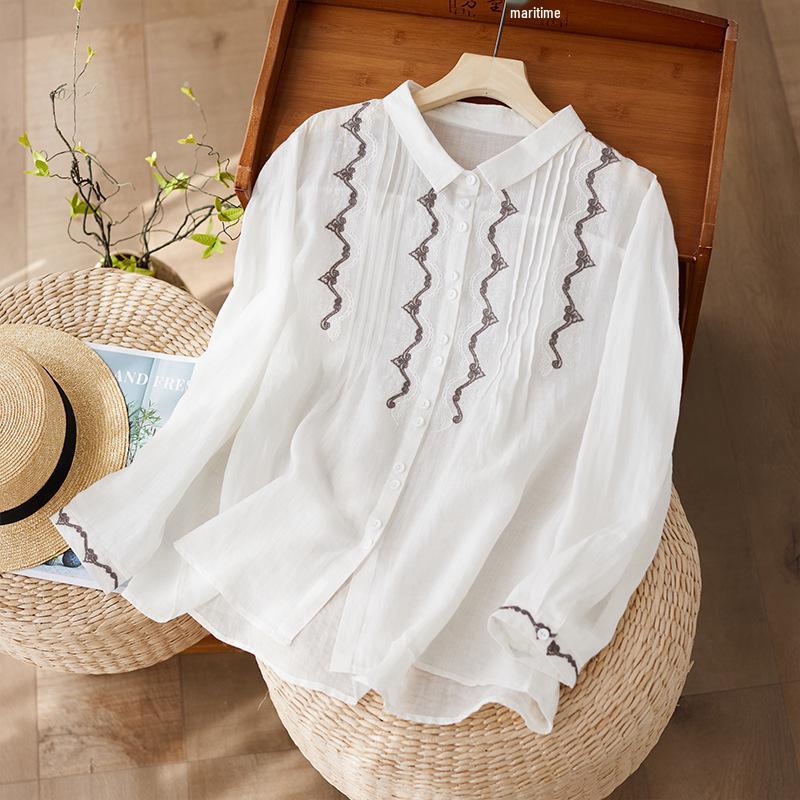 Women s Artistic Retro Ramie Shirt - Embroidered Loose Casual Cotton Linen Top, Spring 2026 New Arrival. XXL