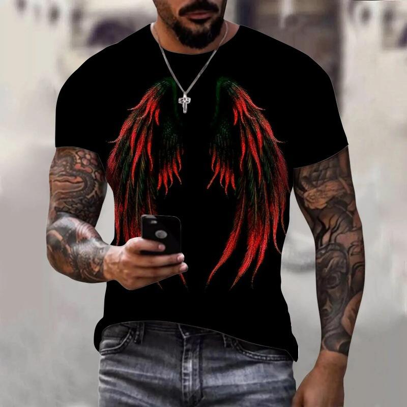 Summer Round Neck 3D Wing Pattern Print Top Fashionable Casual Short Sleeved Men's T-shirts