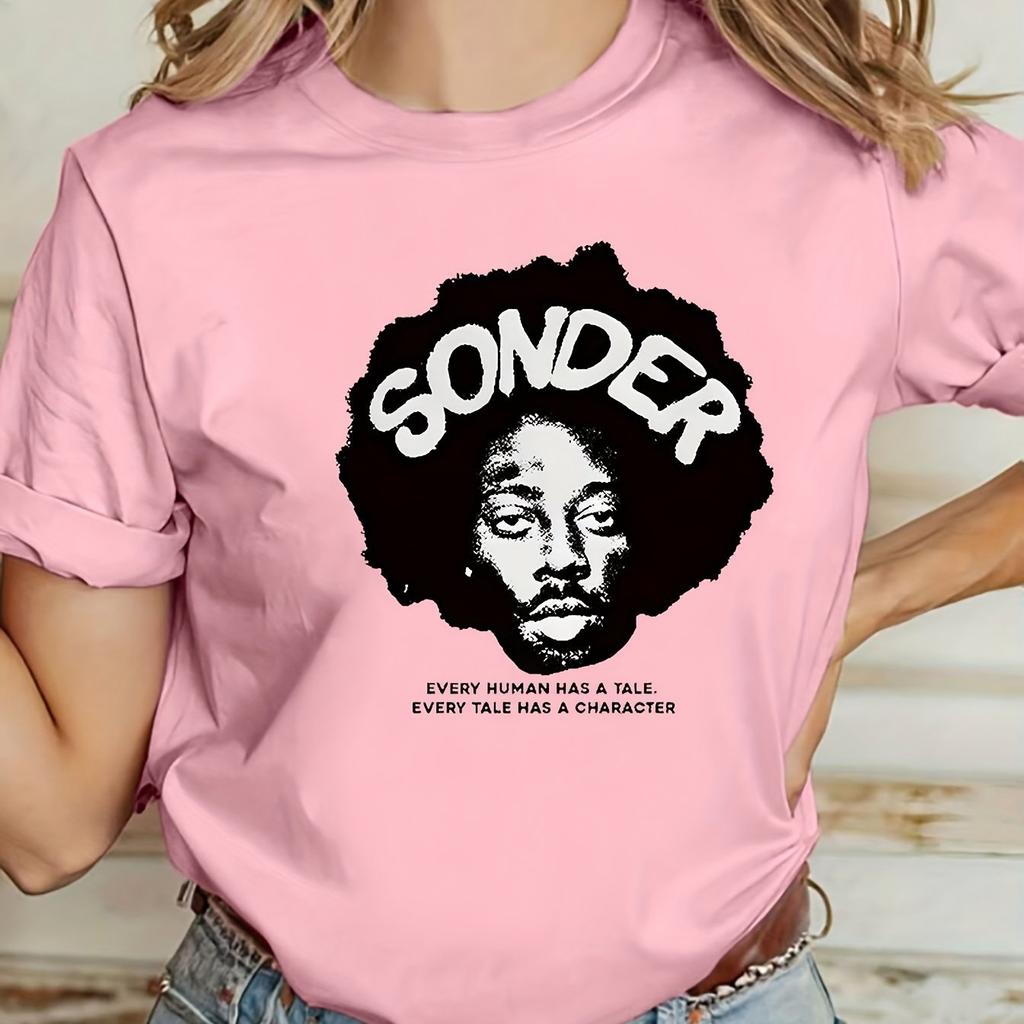 Young Women'S SONDER Art Portrait Printed T-Shirt Uniquely Designed In a Minimalist Style Short-Sleeved for All Seasons