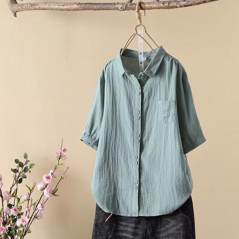 Double Layer Cotton Short Sleeved Shirt Women's Loose Sun Protection Design Niche Jacket Pure Cotton Loose Versatile Top Blouses & Shirts