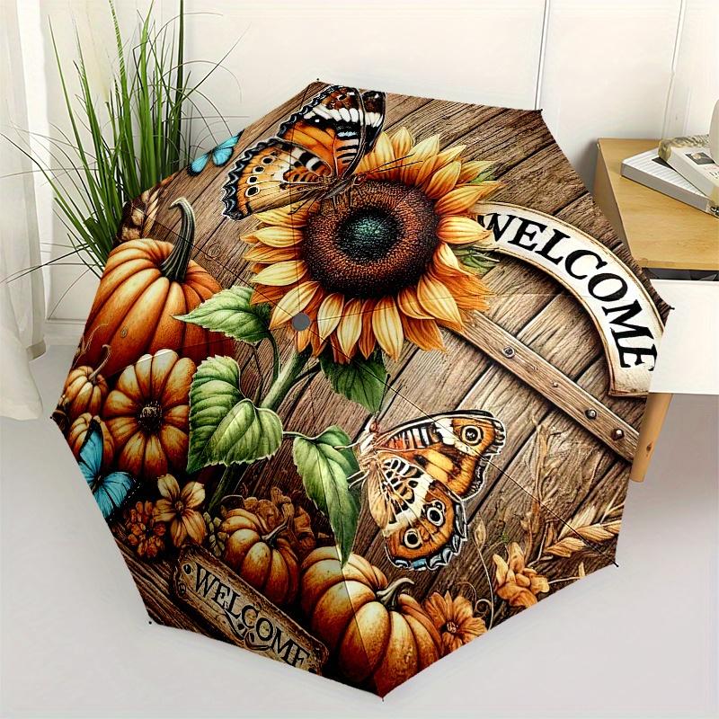 Autumn Welcome Sign with Sunflower, Butterfly, and Pumpkins Decorative Fall Door Hanger for Home Outdoor Garden Decoration Umbrella, Cute Umbrella wit