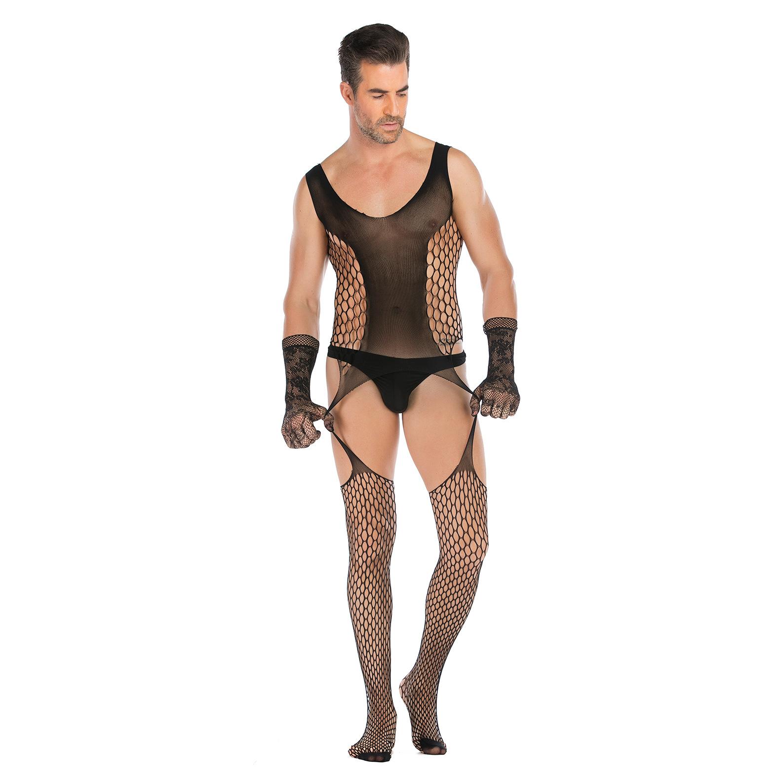 Pyjama sexy à dossier ouvert pour hommes Tentation Ensemble de gants en dentelle en maille jacquard hautement élastique une pièce one size