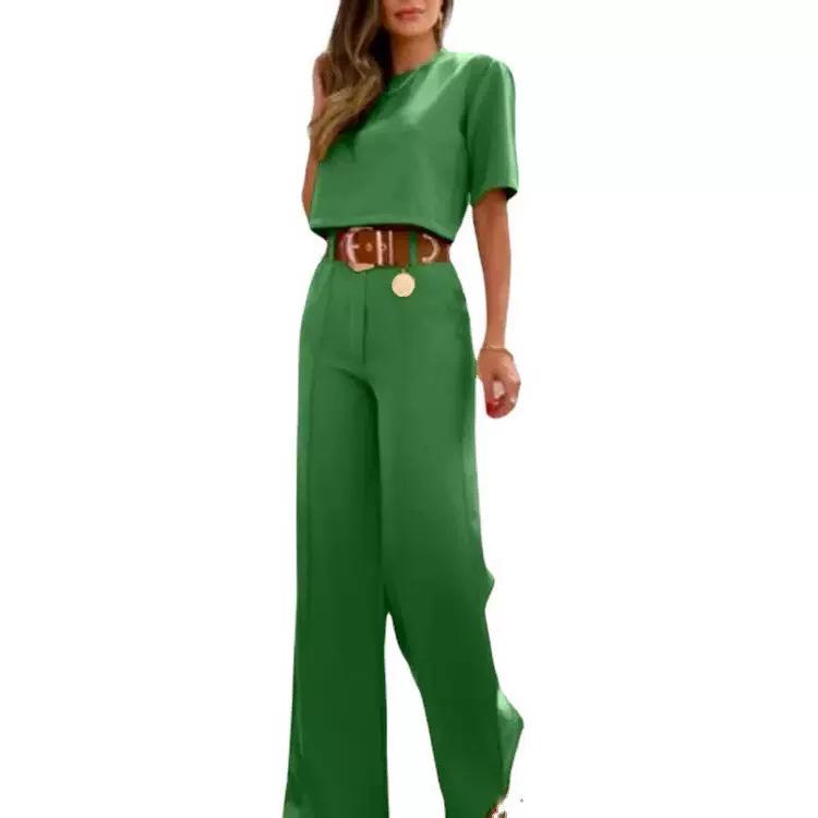 Set Casual de Camiseta de Manga Corta con Cuello Redondo y Color Sólido para Mujer Europea y Americana y Pantalones de Pierna Ancha