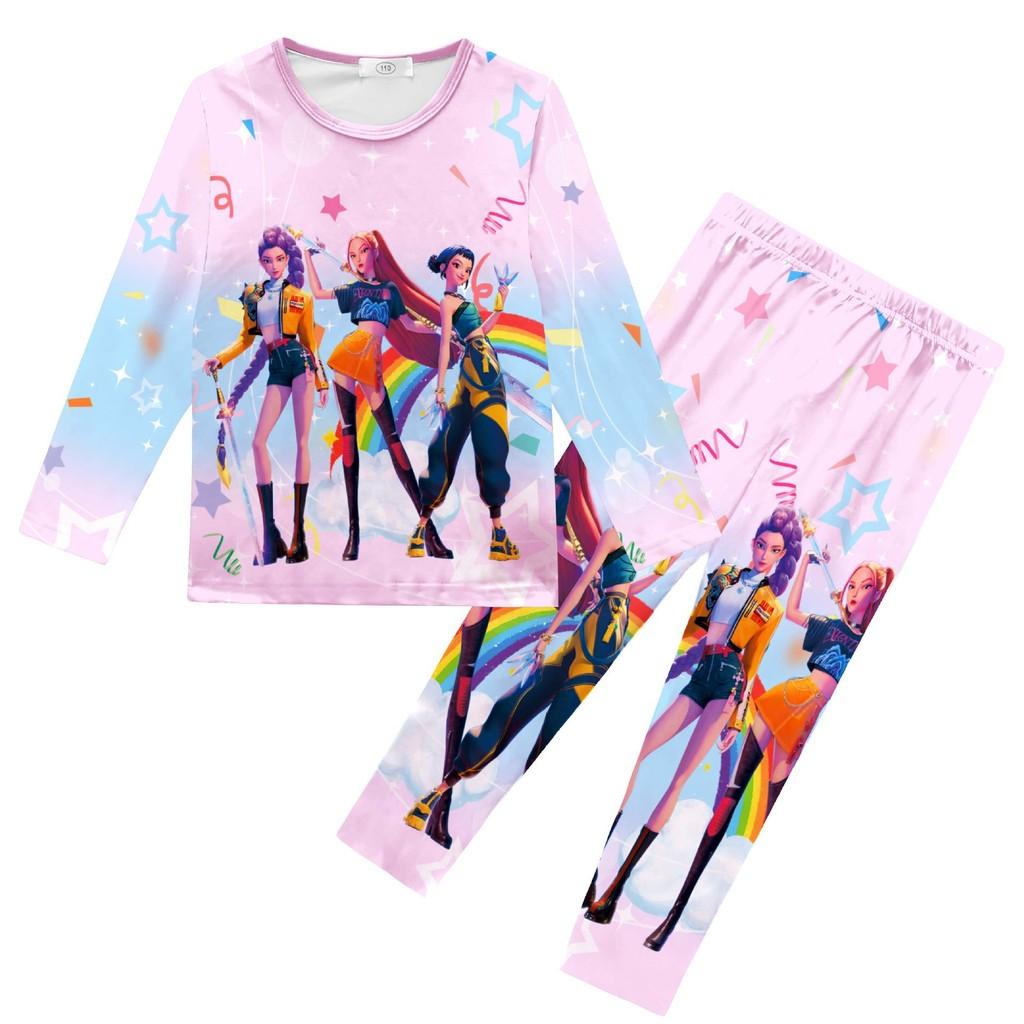 Kids Girls K-POP Rumi Mira Zoey Print Long Sleeves T-Shirt Top Pants Trousers Pajamas Sleeping Sleepwear Sets