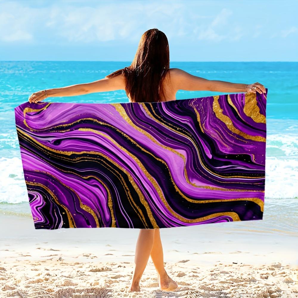 1Pc Microfiber Beach Towel Waterproof Sandproof 2D Flat Printed Purple Gold Marble Fluid Art Summer Vacation Pool Bath Towel