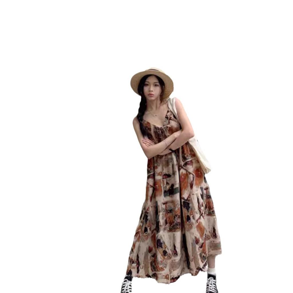 Holiday Style Splicing Printing Suspender Dress Women's Summer New Design Sense Niche Loose and Thin Long Dress