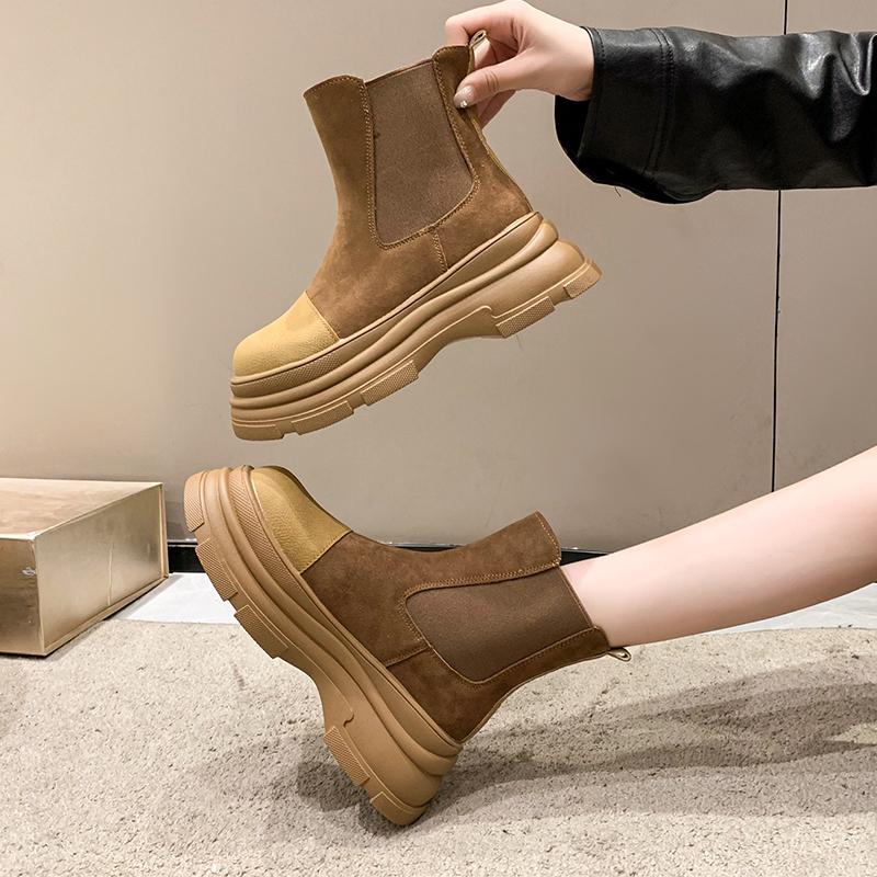 Fashion Versatile Solid Color Women's Boots Thick Sole Round Toe Ankle Boots Women's Fur Punk Goth Shoes Zapatos Mujer S09