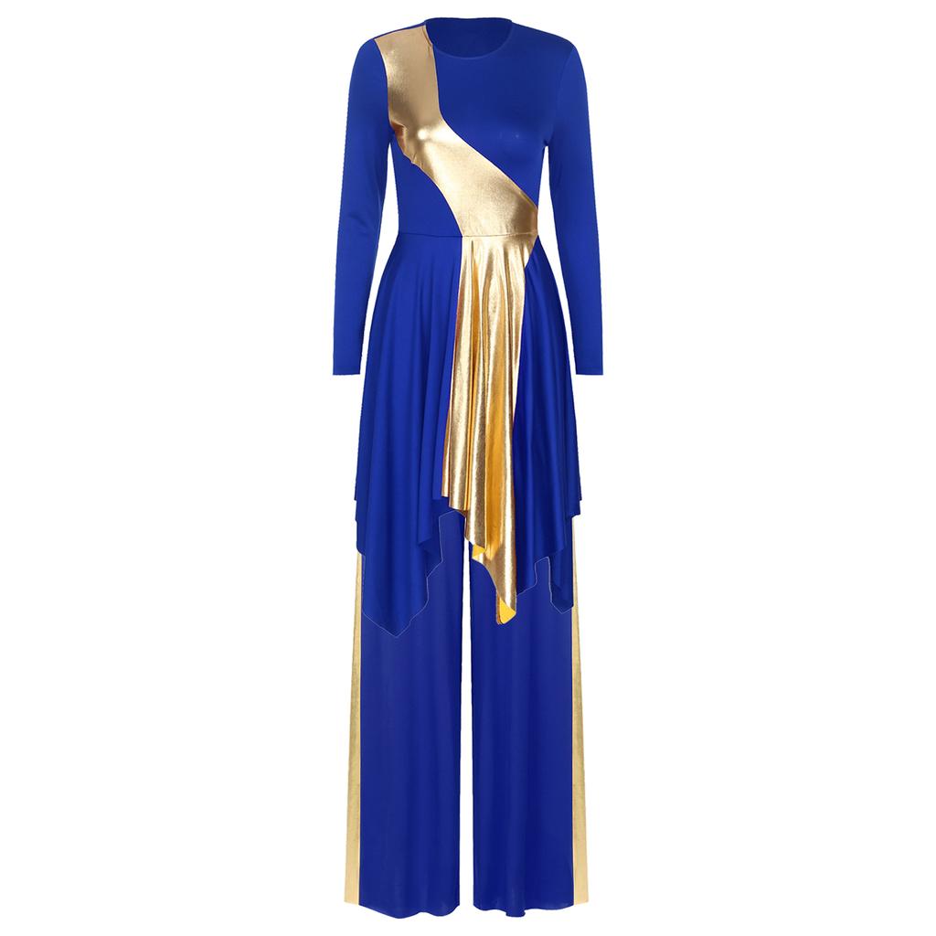 Damen Kirchen-Tanz-Outfit Asymmetrischer Saum Langarm Metallic Patchwork Kleid Weitbeinige Hose Anbetungs-Aufführung