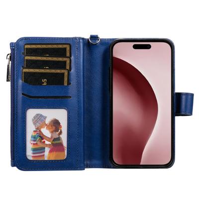 Husă Magnetică din Piele pentru iPhone 16 Pro, Acoperire Mobilă cu Portofel Detașabil cu Fermoar și Curea