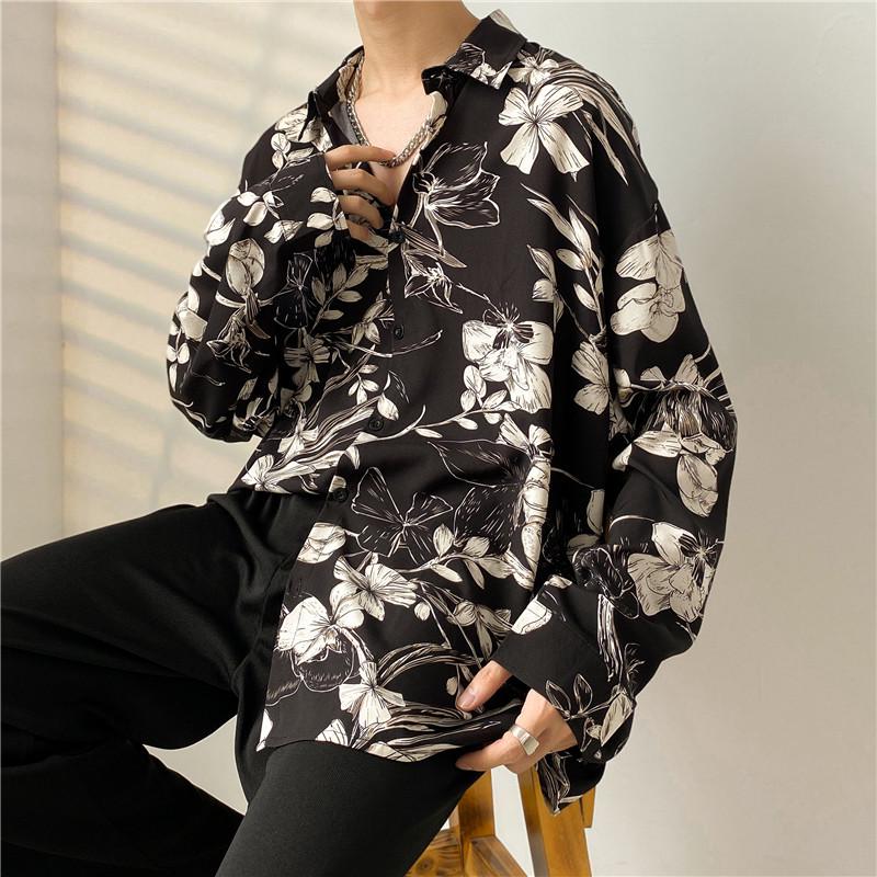 Men's Japanese-Style Full Print Long Sleeve Shirt - Casual, Trendy, Hong Kong-Style Cardigan for Spring/Autumn