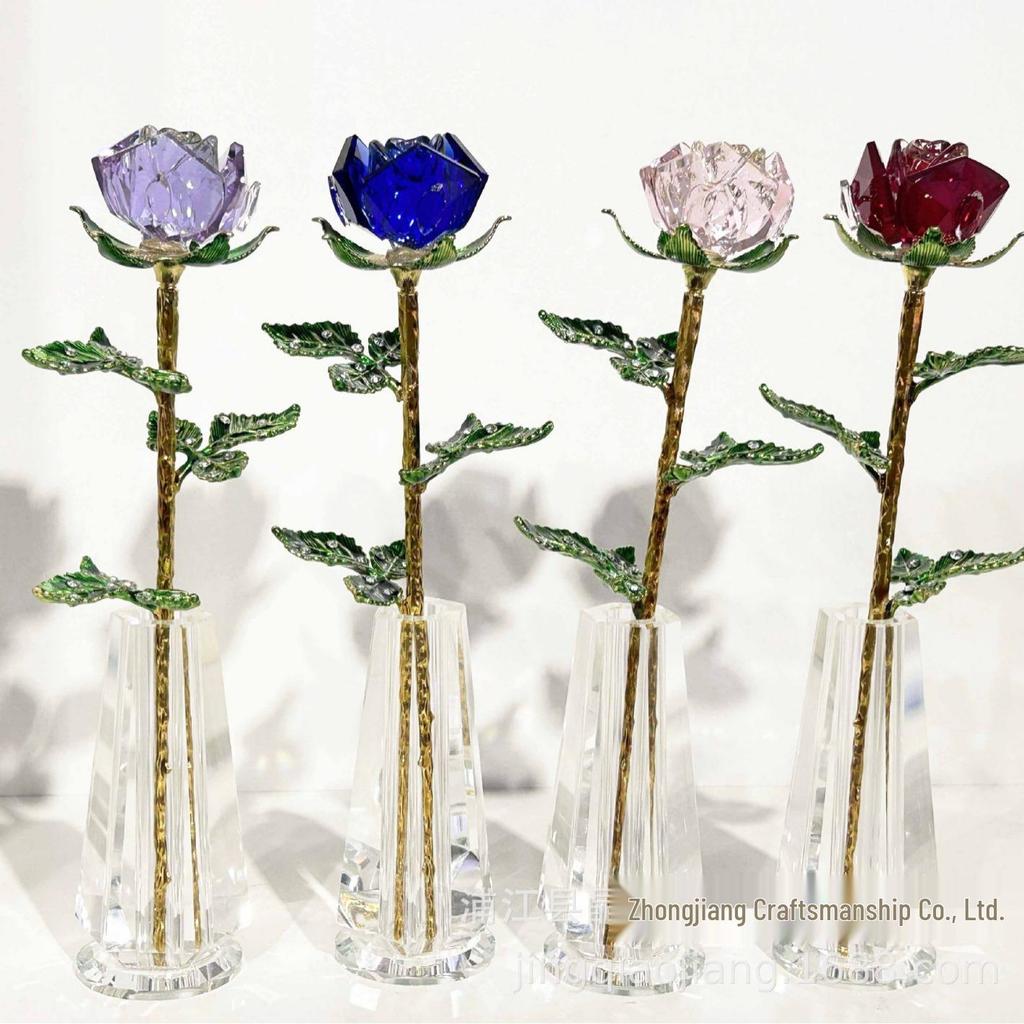 Exquisite Mini Colorful Crystal Rose Flower Vase Ornament Gift