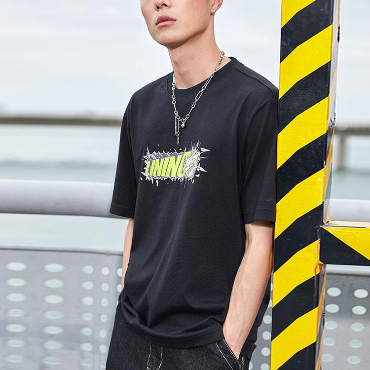 Li-Ning Sports Fashion Series Round Neck Pullover Short Sleeve T-Shirt Men Tops Black AHSR403-2