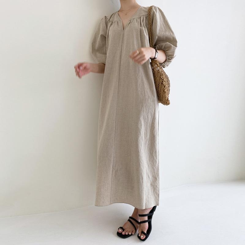 Cotton and linen dress spring women's long knee-length short-sleeved dress women