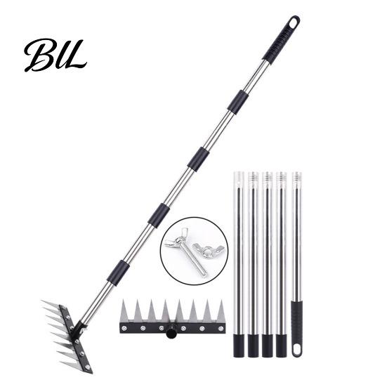 Rust Proof Weeding Tool 8-Tine Rake Adjustable Long Handle Heavy Non Slip Grip Garden Duty Weed Puller Manual Weeder for Lawn Yard A