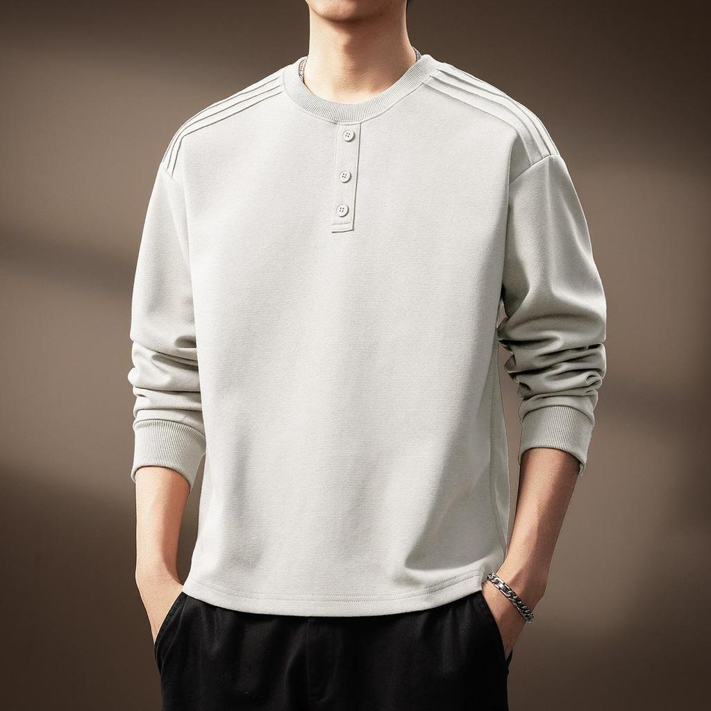Luxury 300g Heavyweight Men's Henley Collar Pleated Hoodie - Autumn American Trend T-Shirt with Long Sleeves