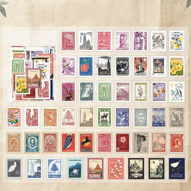50 Sheets Philatelic Museum Series Postage Stamp Theme Stickers Scrapbooking Material Handmade Diary Album Junk Journal Supplies